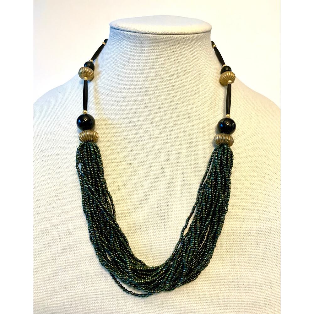 Vintage Peacock Green Multi Strand Seed Bead Necklace Boho Tribal Statement